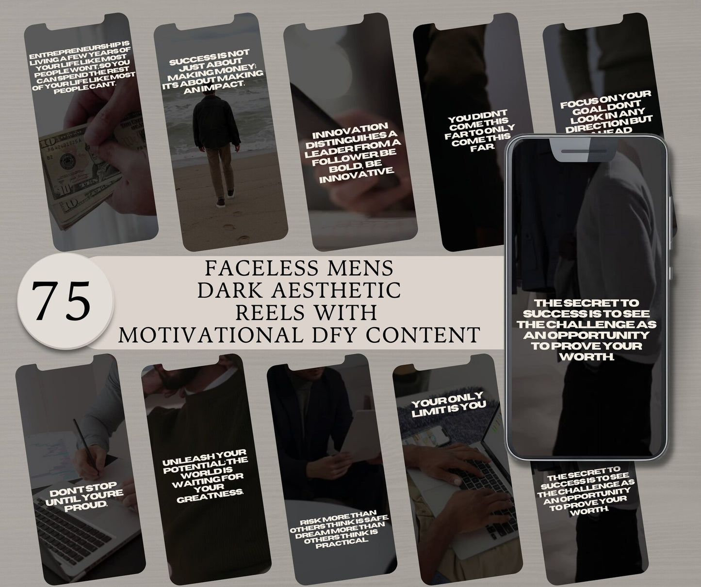 Faceless reels for men | Motivational done for you content | Master Resell Rights | 75 Faceless Videos | Dark Aesthetic