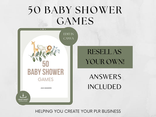 50 Baby Shower Games PLR Bundle | A5 Canva Template | Editable Baby Shower Printables