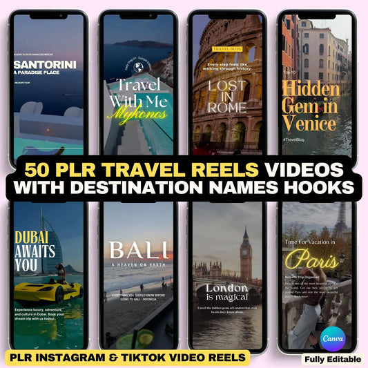 50 Travel Instagram Reels: Editable Canva Video Templates (PLR)